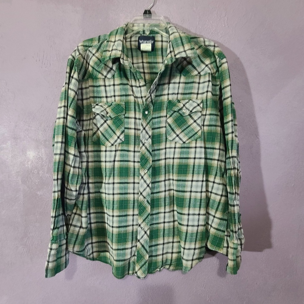 Wrangler Western Snap Shirt Mens XXL Green Plaid Vtg Pearl Snap Cotton Flannel